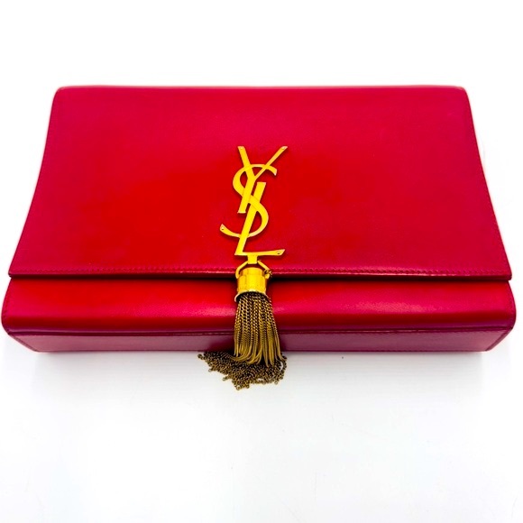 Auth Saint Laurent Red Leather Pompom Kate Clutch Pouchette Tassel Preloved Ex++ - Picture 3 of 16